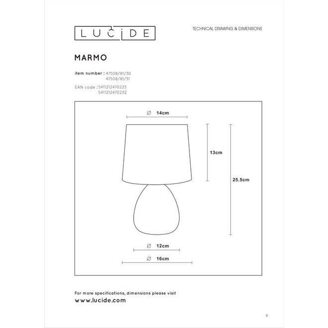 Lucide Marmo - Tafellamp Ø 16 cm 1xE14 Wit