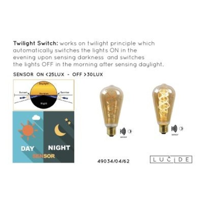 Lucide Led Bulb Twilight Sensor - Filament lamp Buiten Ø 6,4 cm LED E27 1x4W 2200K Amber