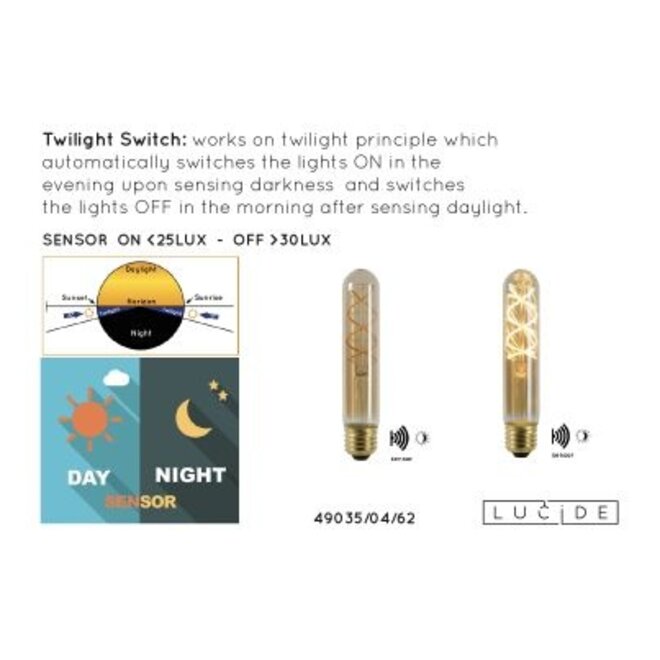 Lucide Led Bulb Twilight Sensor - Filament lamp Buiten Ø 3 cm LED E27 1x4W 2200K Amber