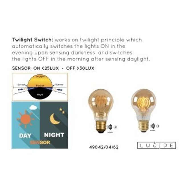 Lucide Led Bulb Twilight Sensor - Filament lamp Buiten Ø 6 cm LED E27 1x4W 2200K Amber