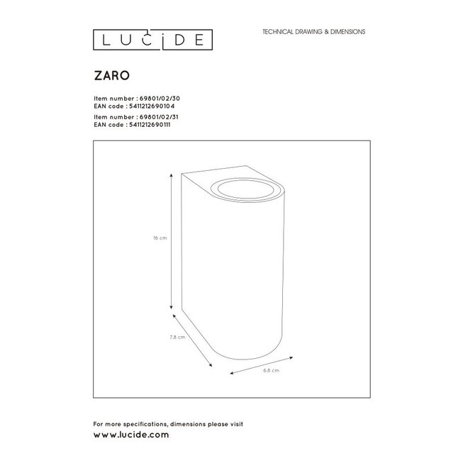 Lucide Zaro - Wandspot Buiten 2xGU10 IP44 Wit