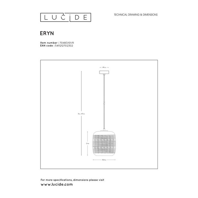Lucide Eryn - Hanglamp Ø 20 cm 1xE27 Chroom