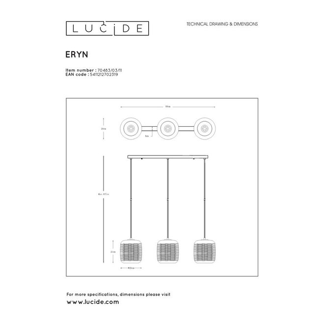 Lucide Eryn - Hanglamp 3xE27 Chroom