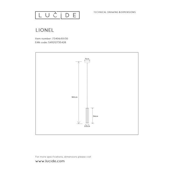 Lucide Lionel - Hanglamp Ø 6,5 cm 1xE27 Zwart