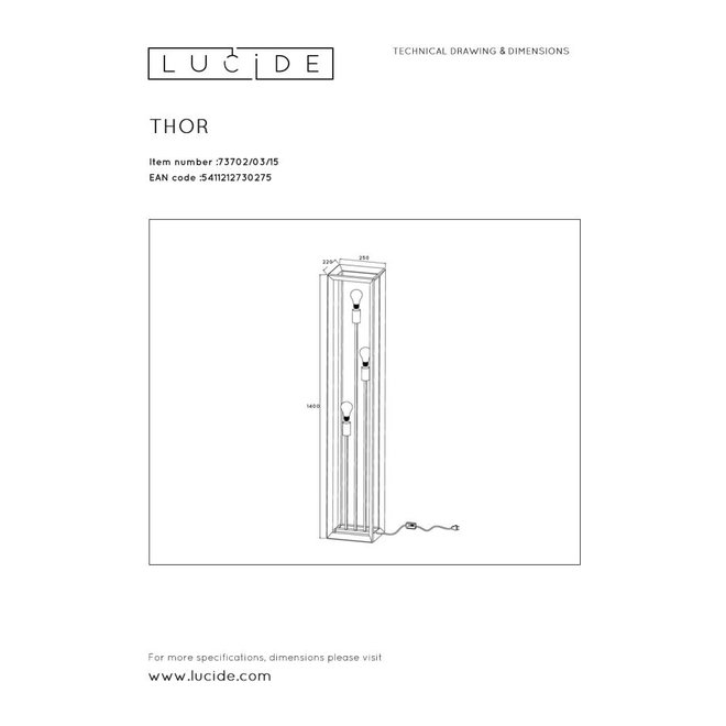 Lucide Thor - Vloerlamp 3xE27 Grijs ijzer