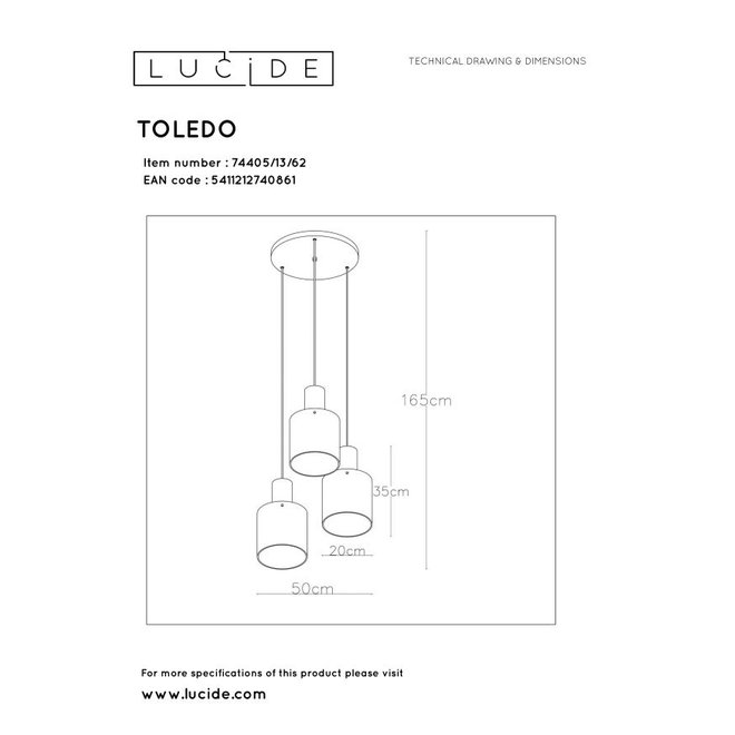 Lucide Toledo - Hanglamp 3xE27 Amber