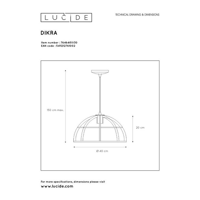Lucide Dikra - Hanglamp Ø 40 cm 1xE27 Zwart