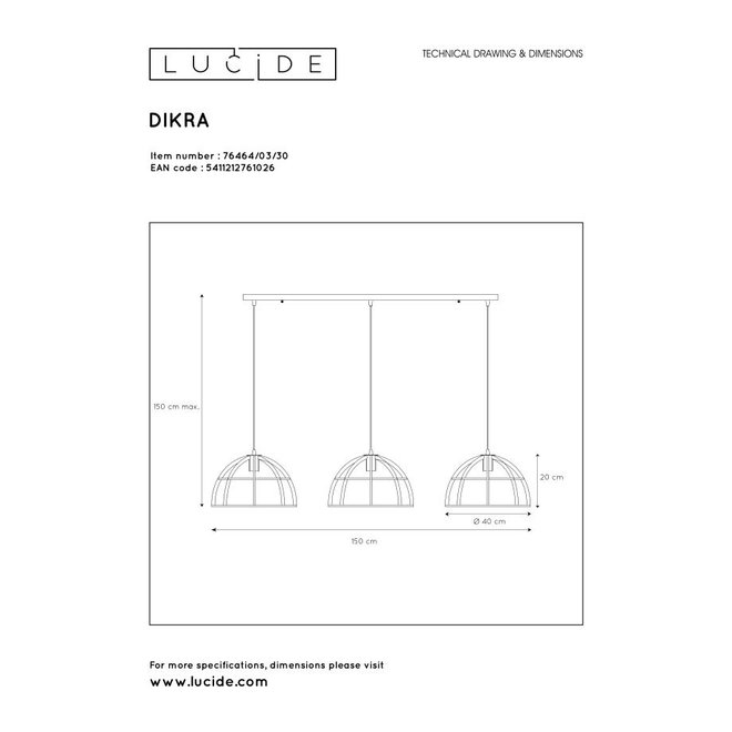 Lucide Dikra - Hanglamp Ø 40 cm 3xE27 Zwart