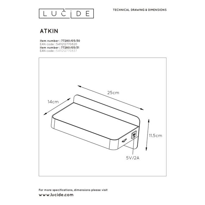 Lucide Atkin - Bedlamp LED 1x5W 2700K Met USB oplaadpunt Wit
