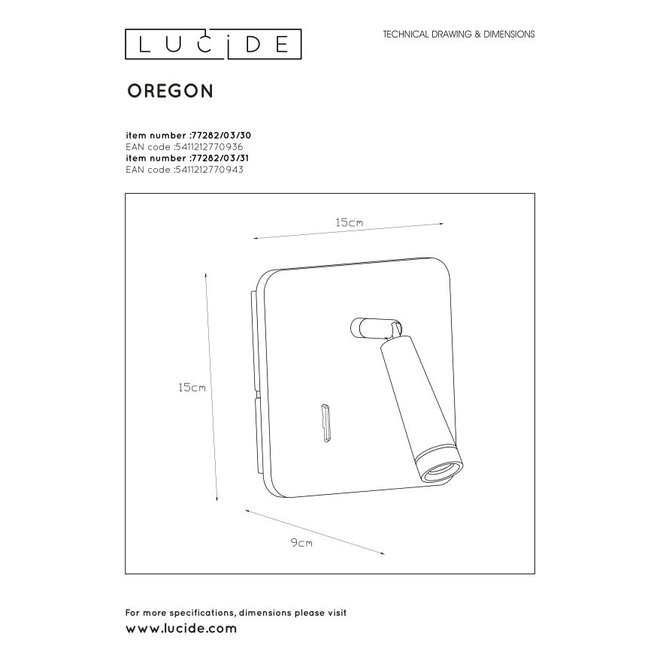 Lucide Oregon - Bedlamp LED 1x3W 3000K Met USB oplaadpunt Wit