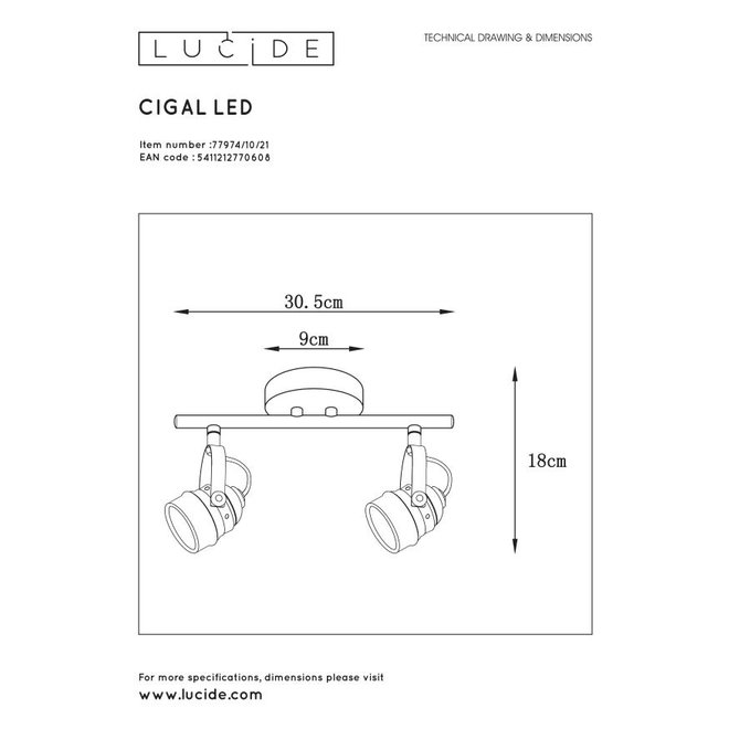 Lucide Cigal - Plafondspot Ø 9 cm LED GU10 2x5W 2700K Antiek wit