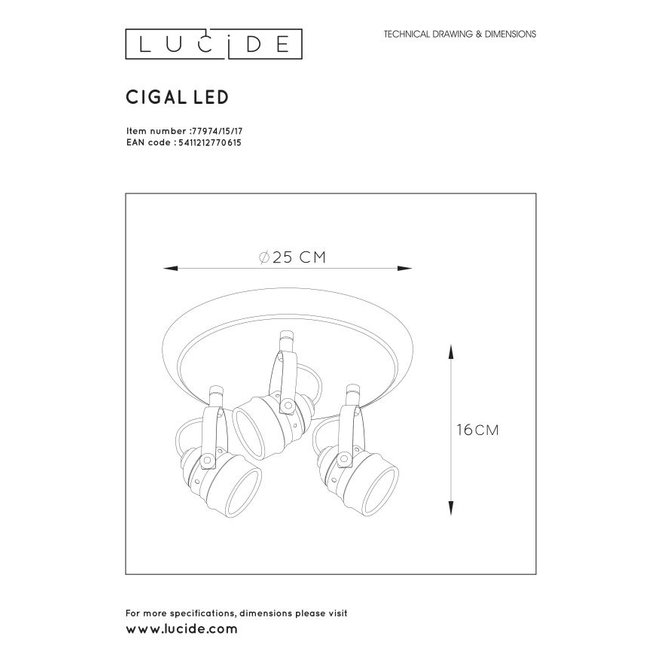 Lucide Cigal - Plafondspot Ø 27 cm LED GU10 3x5W 2700K Koper