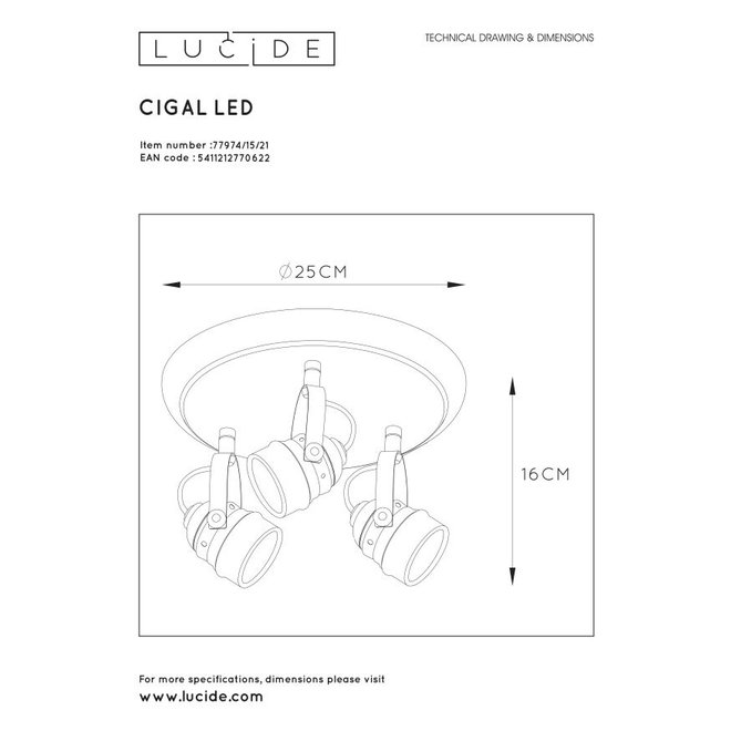 Lucide Cigal - Plafondspot Ø 27 cm LED GU10 3x5W 2700K Antiek wit