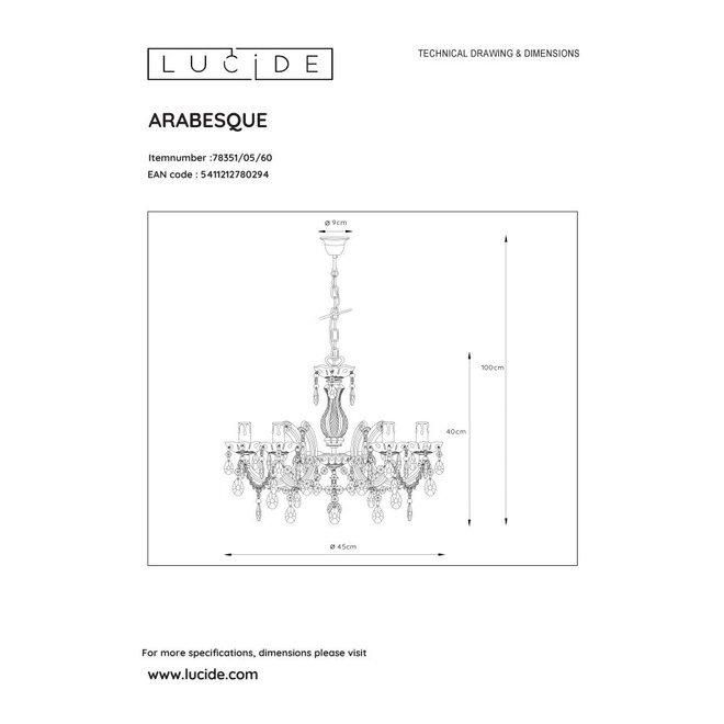 Lucide Arabesque - Kroonluchter Ø 46 cm 5xE14 Transparant