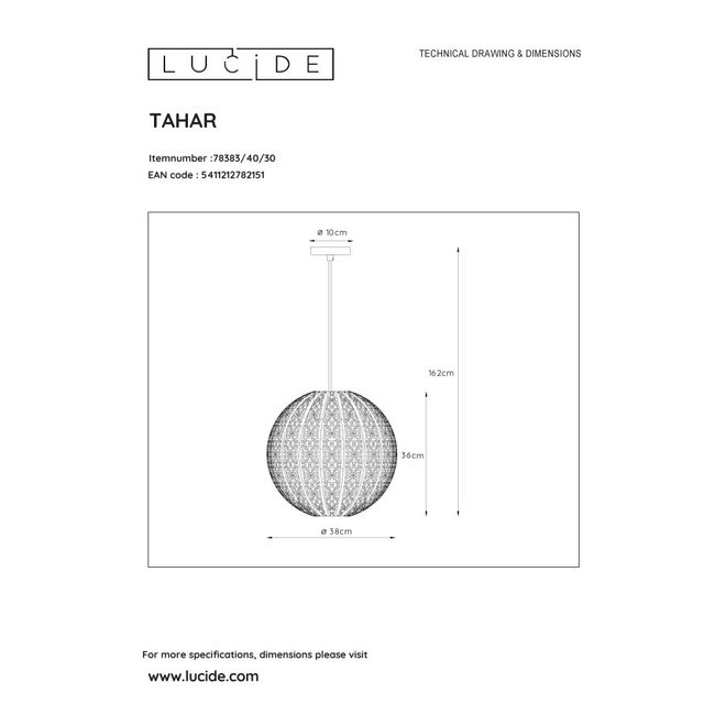 Lucide Tahar - Hanglamp Ø 38,5 cm 1xE27 Zwart