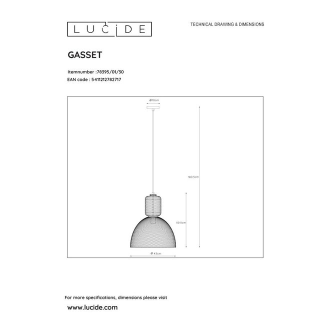 Lucide Gasset - Hanglamp Ø 42,5 cm 1xE27 Zwart