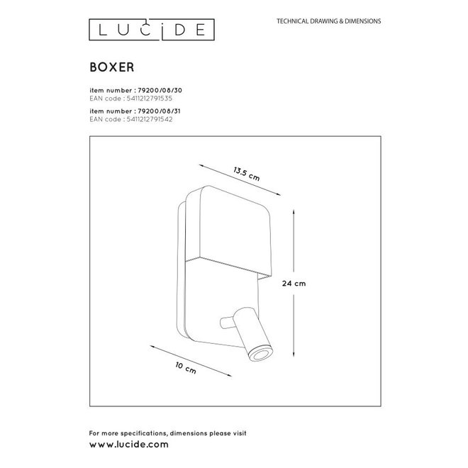 Lucide Boxer - Wandlamp LED 3000K Met USB oplaadpunt Wit