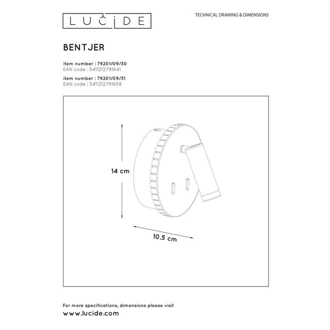 Lucide Bentjer - Wandlamp Ø 14 cm LED 3000K Zwart
