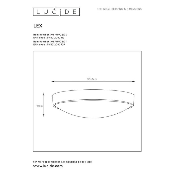Lucide Lex - Plafonnière Ø 33 cm 2xE27 Wit