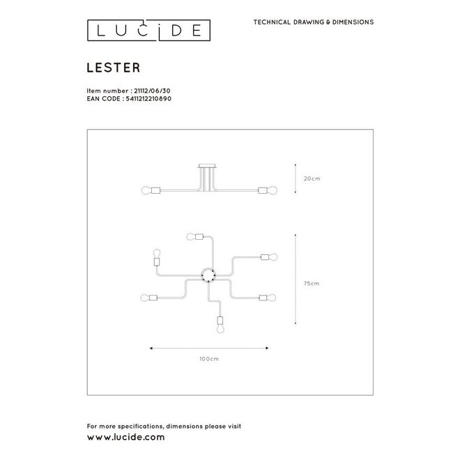 Lucide Lester - Plafonnière 6xE27 Zwart