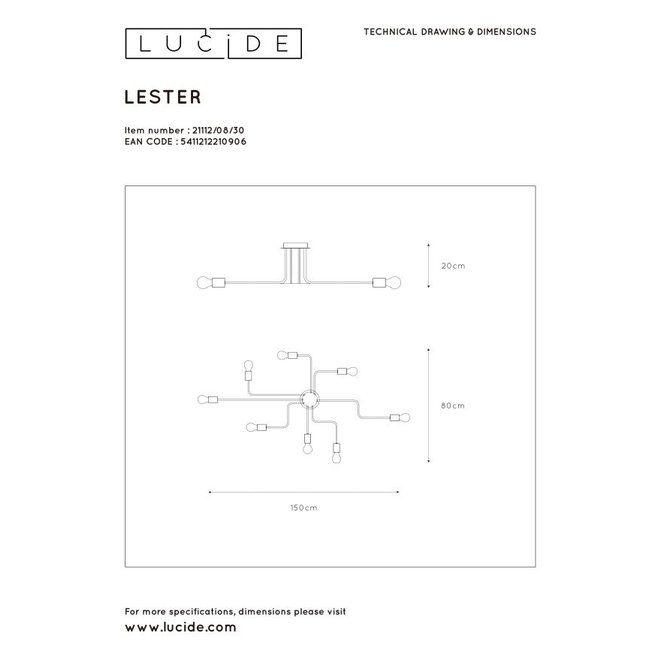 Lucide Lester - Plafonnière 8xE27 Zwart