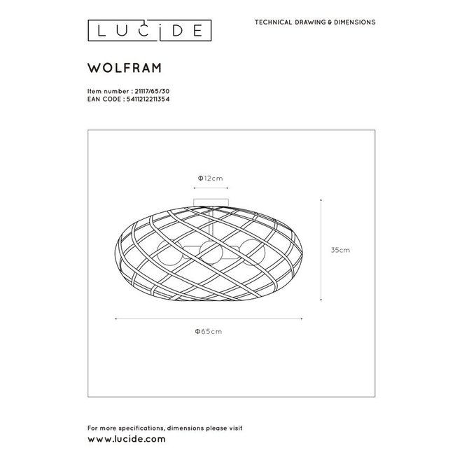 Lucide Wolfram - Plafonnière Ø 65 cm 3xE27 Zwart