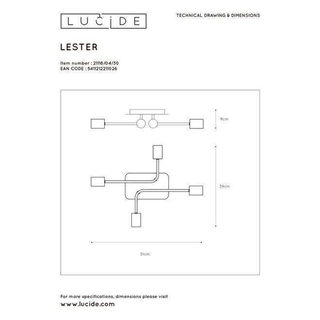 Lucide Lester - Plafonnière 4xE27 Zwart