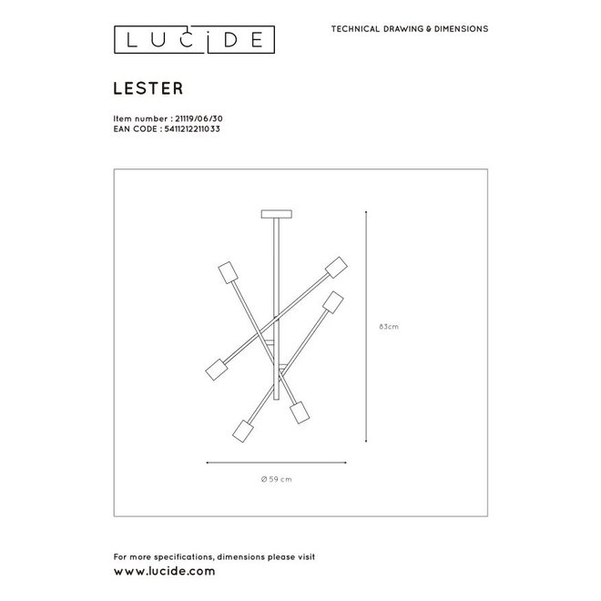 Lucide Lester - Plafonnière 6xE27 Zwart