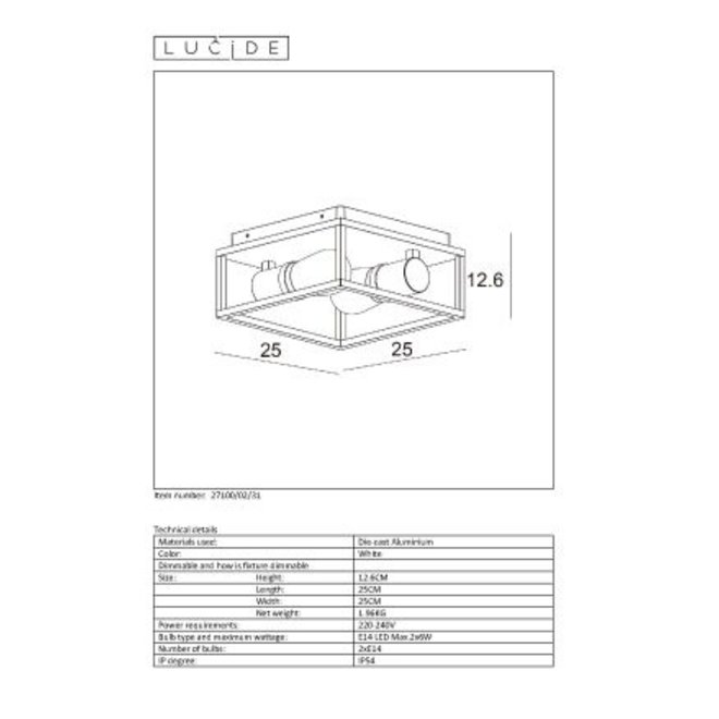 Lucide Carlyn - Plafonnière Badkamer 2xE14 IP54 Wit