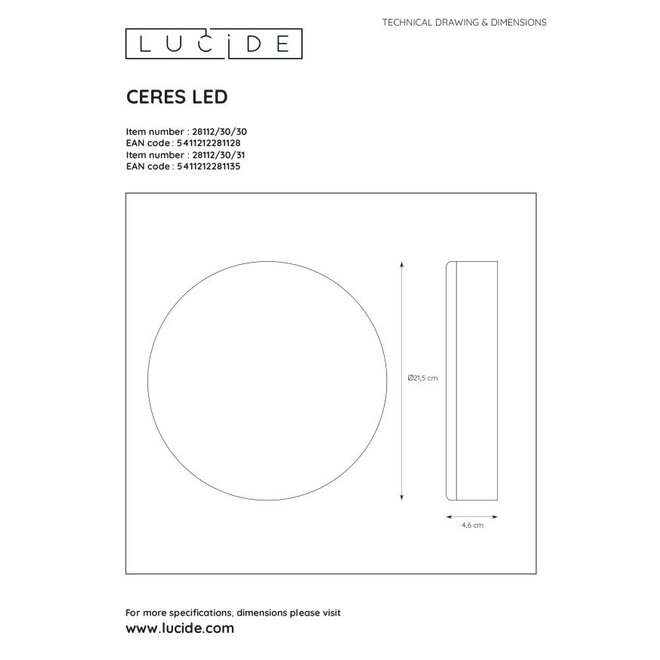 Lucide Ceres-led - Plafonnière Badkamer Ø 21,5 cm LED Dimb. 1x30W 3000K IP44 Wit