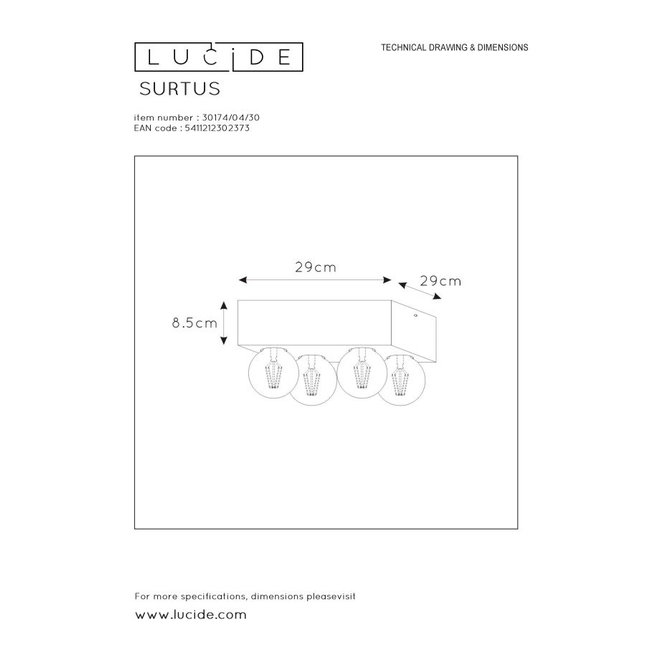 Lucide Surtus - Plafonnière 4xE27 Zwart