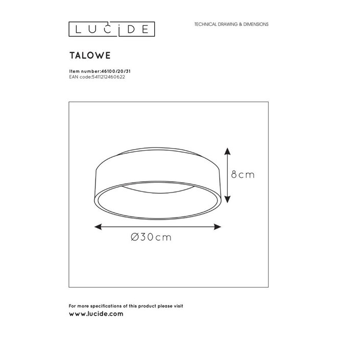 Lucide Talowe Led - Plafonnière Ø 30 cm LED Dimb. 1x20W 3000K Wit
