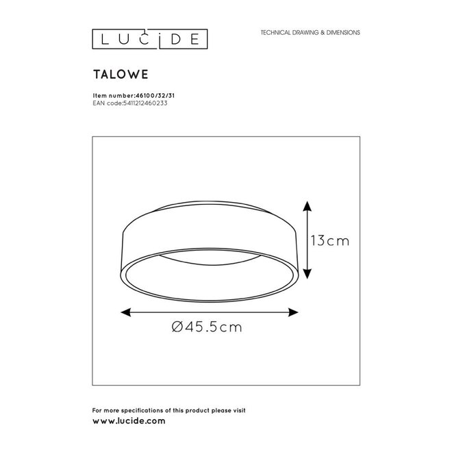 Lucide Talowe Led - Plafonnière Ø 45 cm LED Dimb. 1x30W 3000K Wit