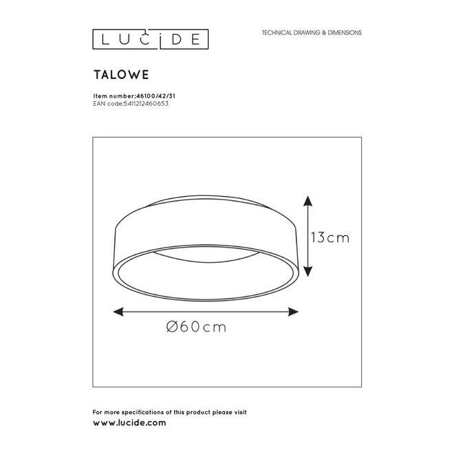 Lucide Talowe Led - Plafonnière Ø 60 cm LED Dimb. 1x42W 3000K Wit