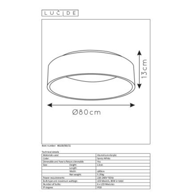 Lucide Talowe Led - Plafonnière Ø 80 cm LED Dimb. 1x80W 3000K Wit