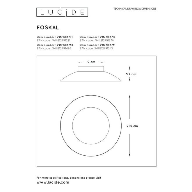 Lucide Foskal - Plafonnière Ø 21,5 cm LED 1x6W 2700K Wit