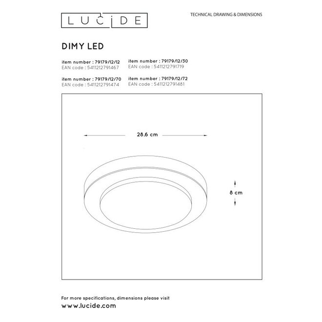 Lucide Dimy - Plafonnière Badkamer Ø 28,6 cm LED Dimb. 1x12W 3000K IP21 Zwart