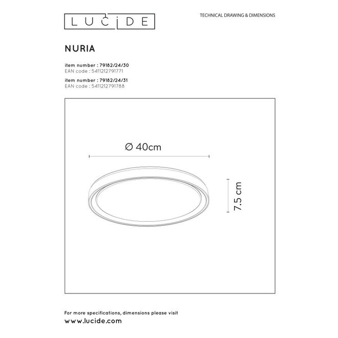 Lucide Nuria - Plafonnière Ø 40 cm LED Dimb. 1x24W 2700K 3 StepDim Zwart