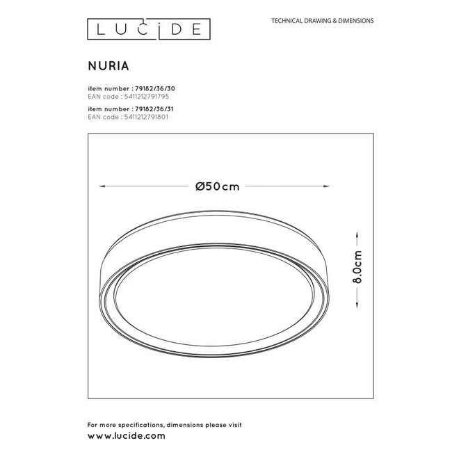 Lucide Nuria - Plafonnière Ø 50 cm LED Dimb. 1x36W 2700K 3 StepDim Zwart