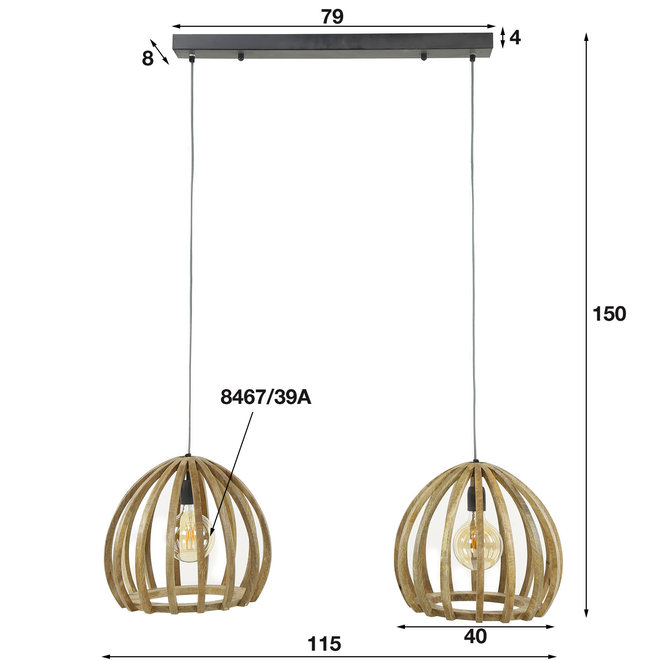 Hanglamp 2L gebogen houten spijlen / Massief mango naturel