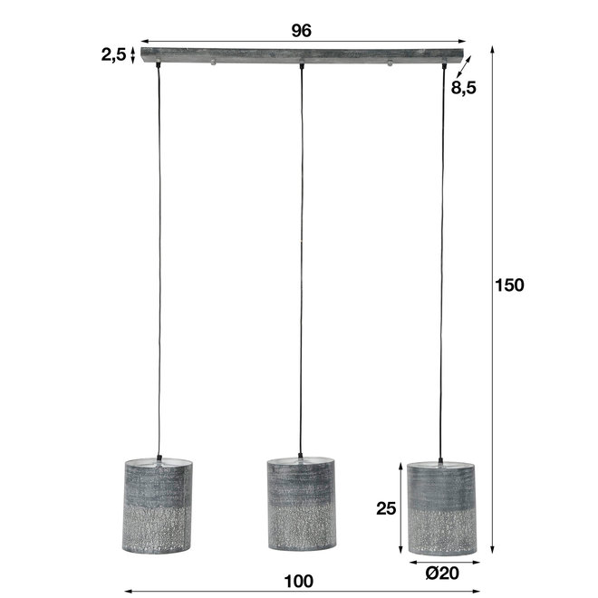 Hanglamp 3xØ20 cilinder / Grijs