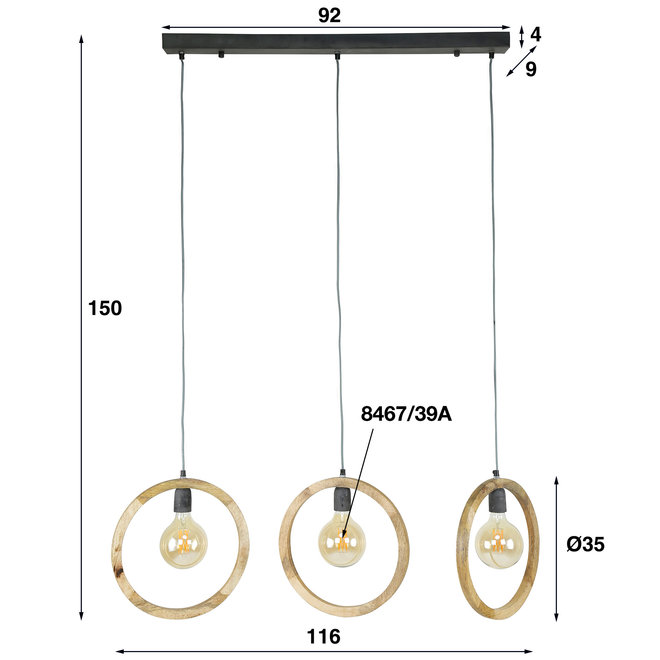 Hanglamp 3L round wood / Massief mango naturel