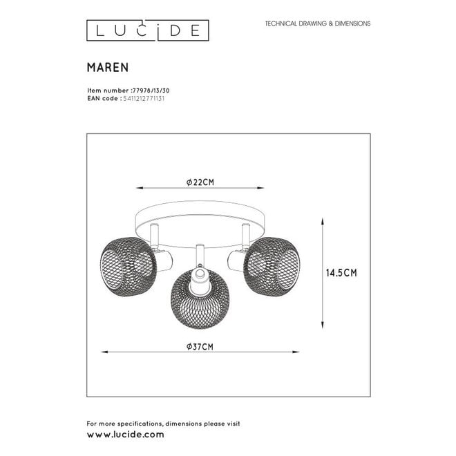 Lucide MAREN - plafonspot - ø37 cm - 3xE14 - zwart  - 2e kansje