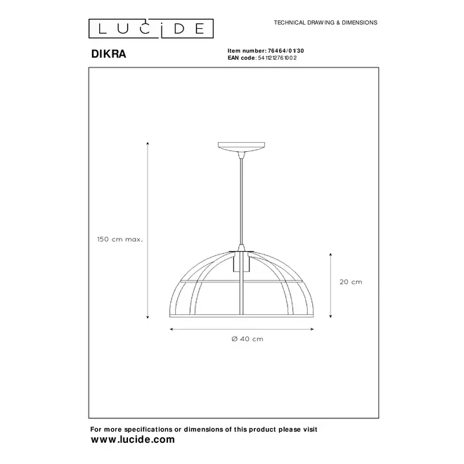 Lucide DIKRA - hanglamp - ø40 cm - 1xE27 - zwart  - 2e kansje