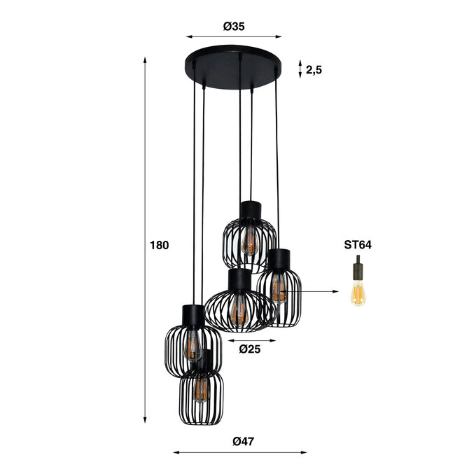 Hanglamp 5L  getrapt mix metal / Charcoal