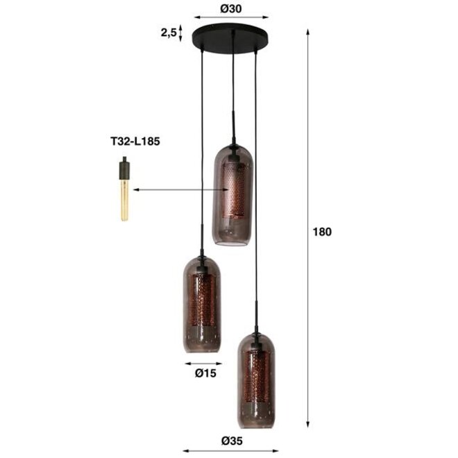 Hanglamp 3L getrapt smoke glas-geperforeerd staal / Artic zwart