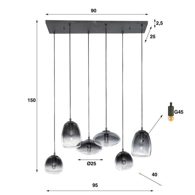 Hanglamp 3+3  mix glass shaded / Artic zwart