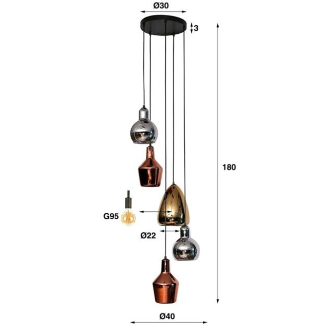 Hanglamp 5L getrapt mix glass tricolore / Artic zwart