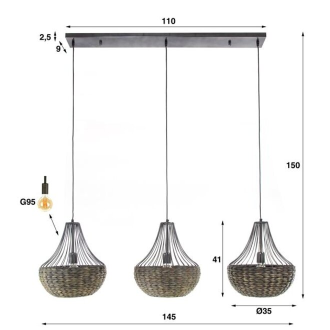 Hanglamp 3x kegel waterhyacint / Zwart nikkel