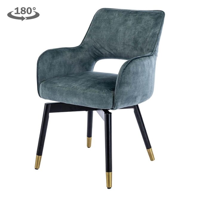 Lenno draaibare eetkamerstoel met arm - stof: Adore 31 Grey blue<br />
Frame: black painting with chromed golden end - 180 rotation - KD